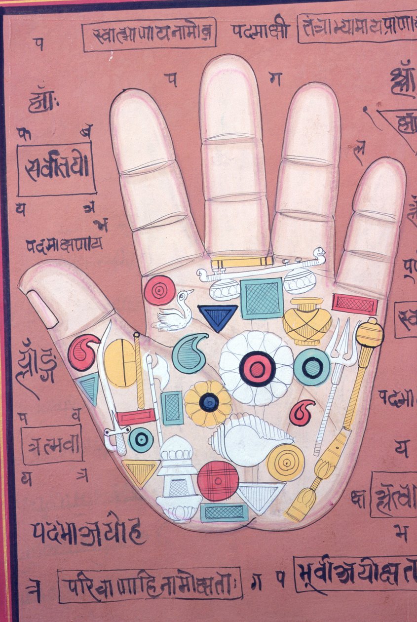 Oikean käden tantrinen kaavio (guassi ja akvarelli paperille) tekijältä School Indian