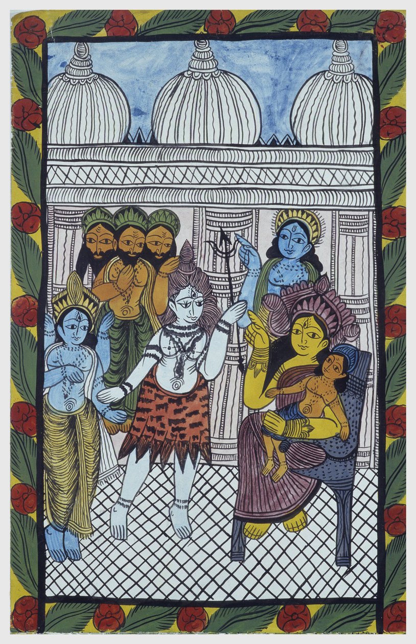 Jumalat tulevat ihailemaan Krishnaa, ruumiillistuen kauniin lapsen, Ganeshan (Ganesh tai Ganapati) vartaloon äitinsä Parvatin polvilla. Pat: Bengalin alueen maalattu rulla, joka toimii kerrontavälineenä laulajille Baoulille (Baul). Leonard de tekijältä School Indian