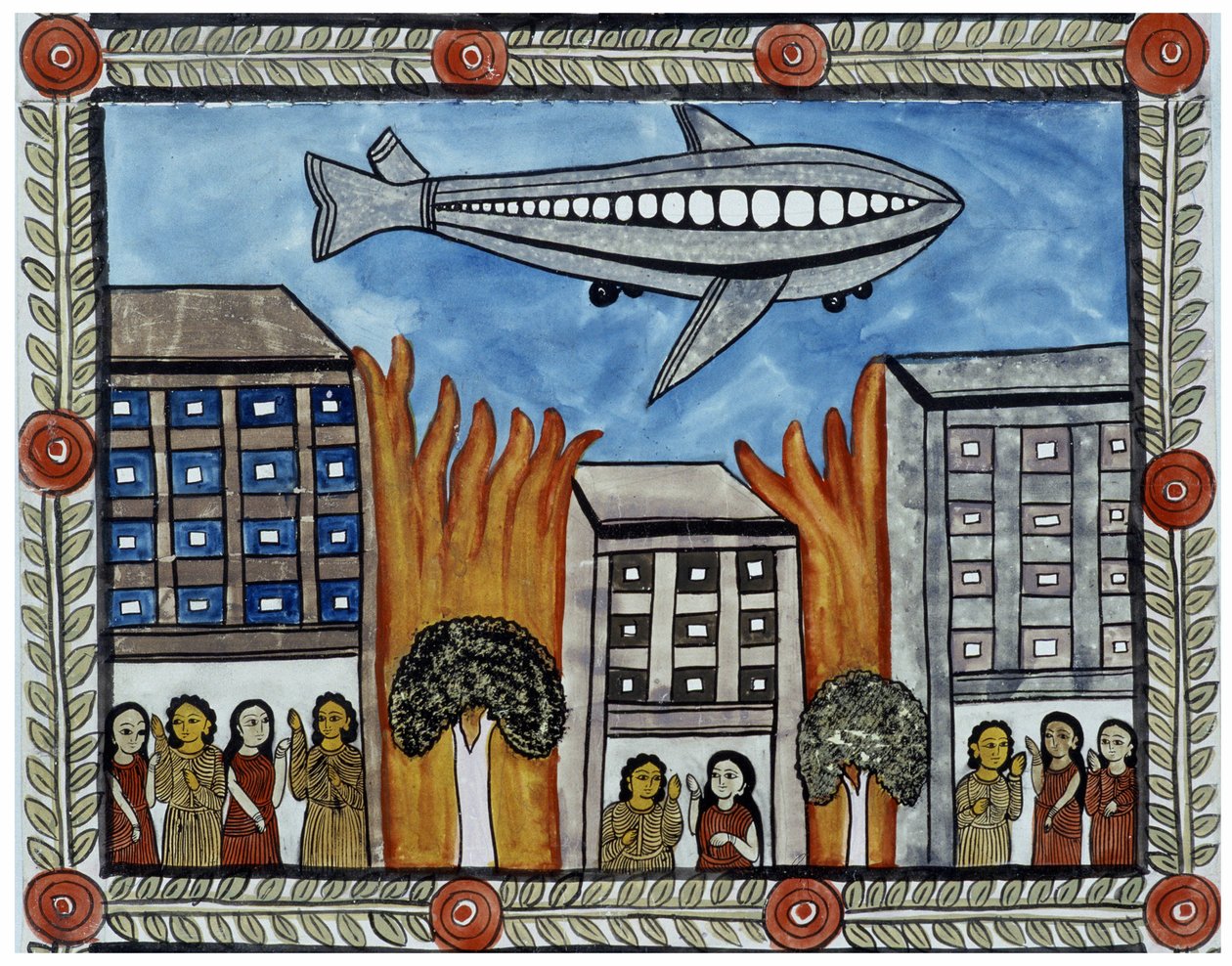 Tarina 11. syyskuuta 2001 tehdyistä hyökkäyksistä, jonka kertoivat bengalilaiset kauppiaat Baul. Maalaus, sarja, numero 6/9, Bengal. tekijältä School Indian