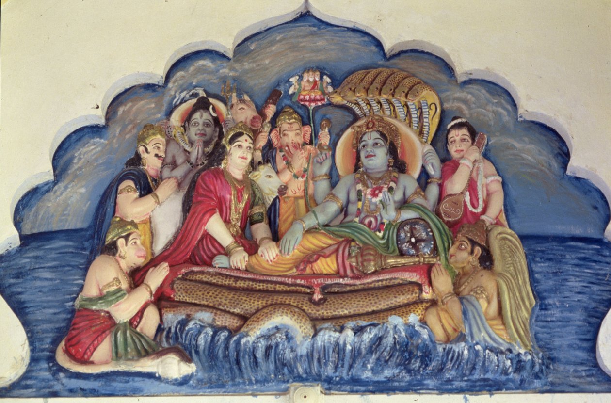Vishnu Narayana, joka kelluu Sheshanagan päällä (maalattu reliefi). tekijältä School Indian
