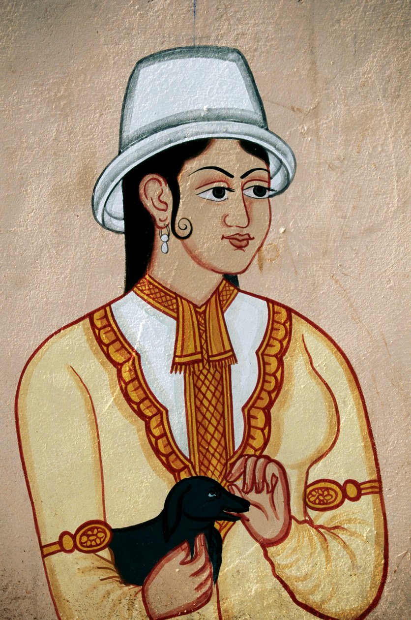 Seinämaalaus brittiläinen nainen ja pentu, Jaipur, Rajasthan, Intia tekijältä School Indian