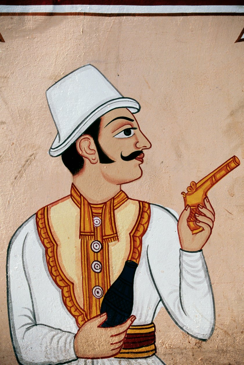 Seinämaalaus brittisotilaasta pitelemässä pistoolia, Jaipur, Rajasthan, Intia tekijältä School Indian