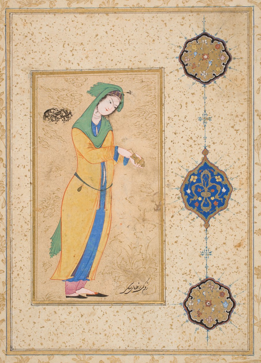 Houri seisoo puutarhassa (läpinäkymätön akvarelli paperille) tekijältä School Iranian