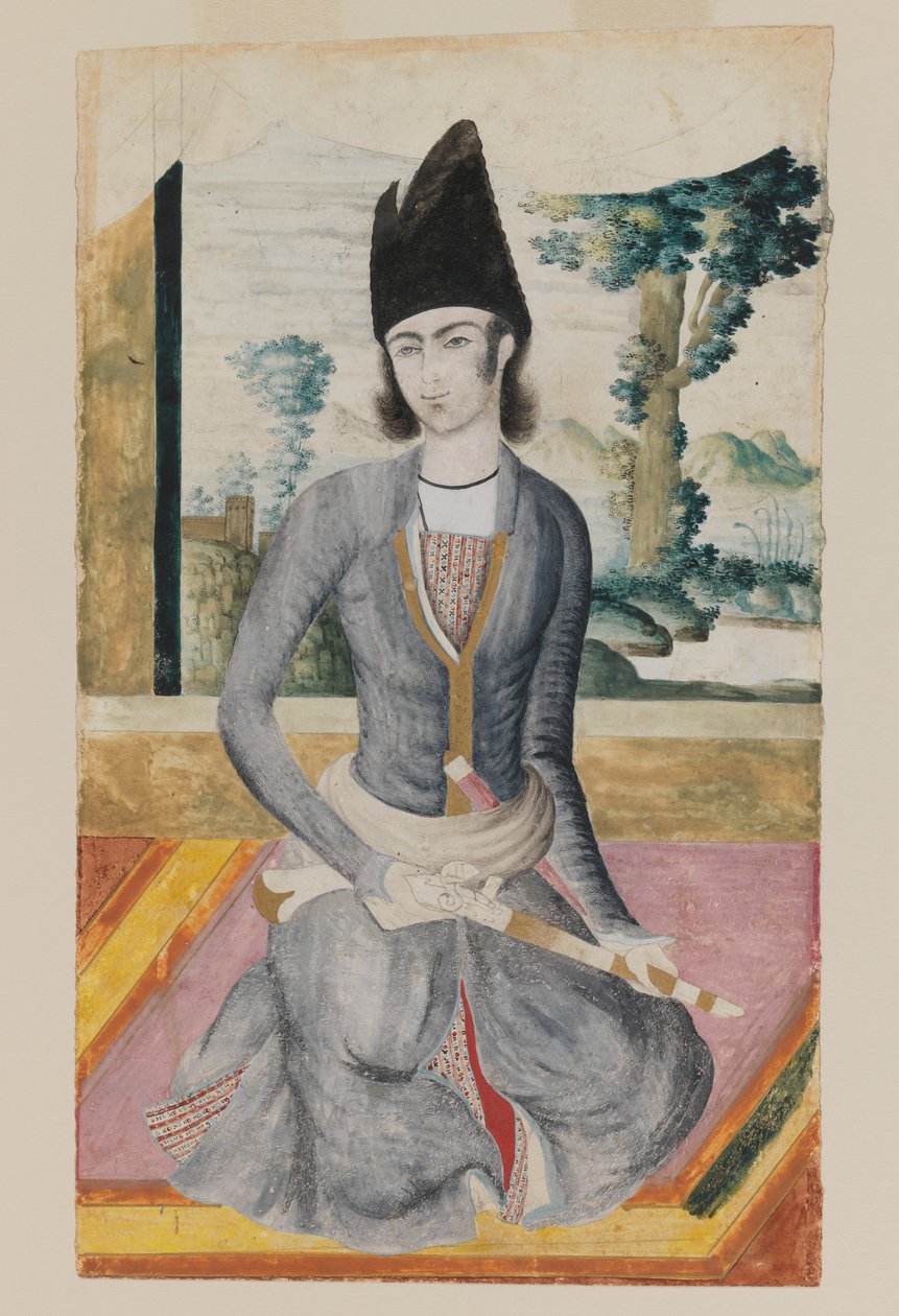 Istuva Qajar Prince (kynä ja läpinäkymätön akvarelli paperilla) tekijältä School Iranian