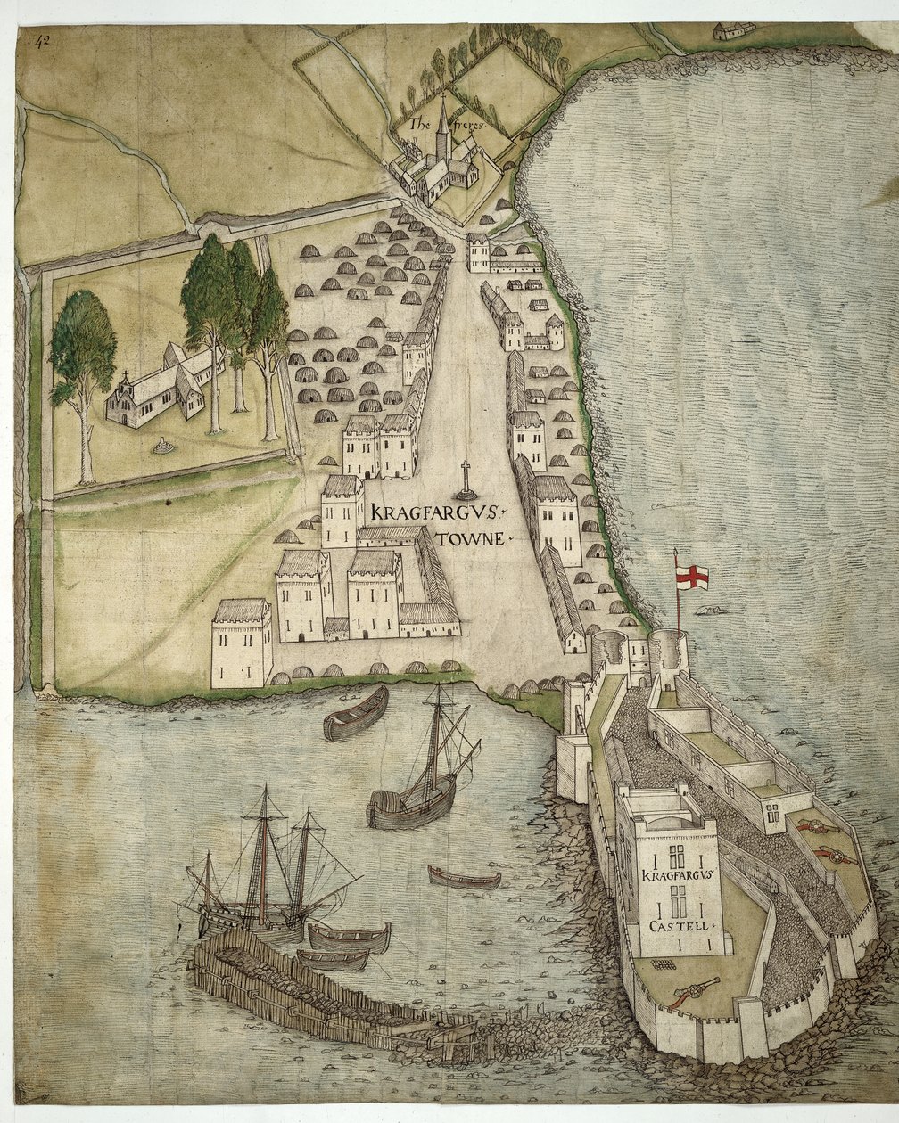 Carrickfergusin linna ja kaupunki, Irlanti, n. 1560 (kynä, muste ja akvarelli paperille) tekijältä School Irish