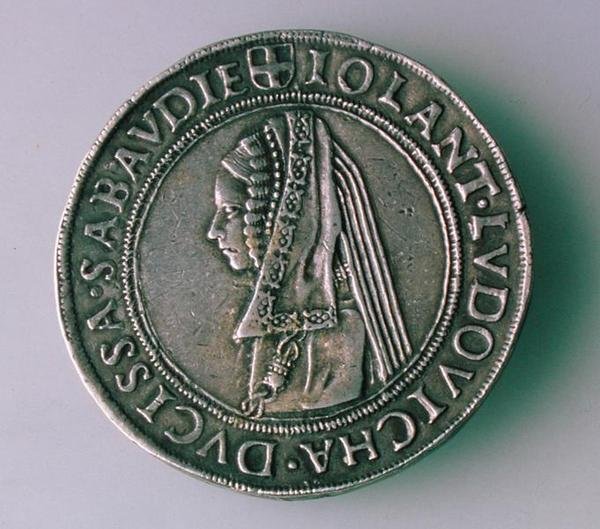 Savoylaisen Philibert II:n (1497-1504) 4 testitonin kolikko (kääntöpuoli), jossa on hänen vaimonsa Iolanta Ludovica tekijältä School Italian