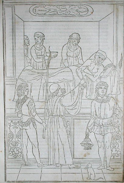 Lääkäri vierailee potilaan luona, Johannes de Kethamin (d.c.1490) teoksesta Fascilulus Medicinae, 1400-1500-luku (puupiirros) tekijältä School Italian
