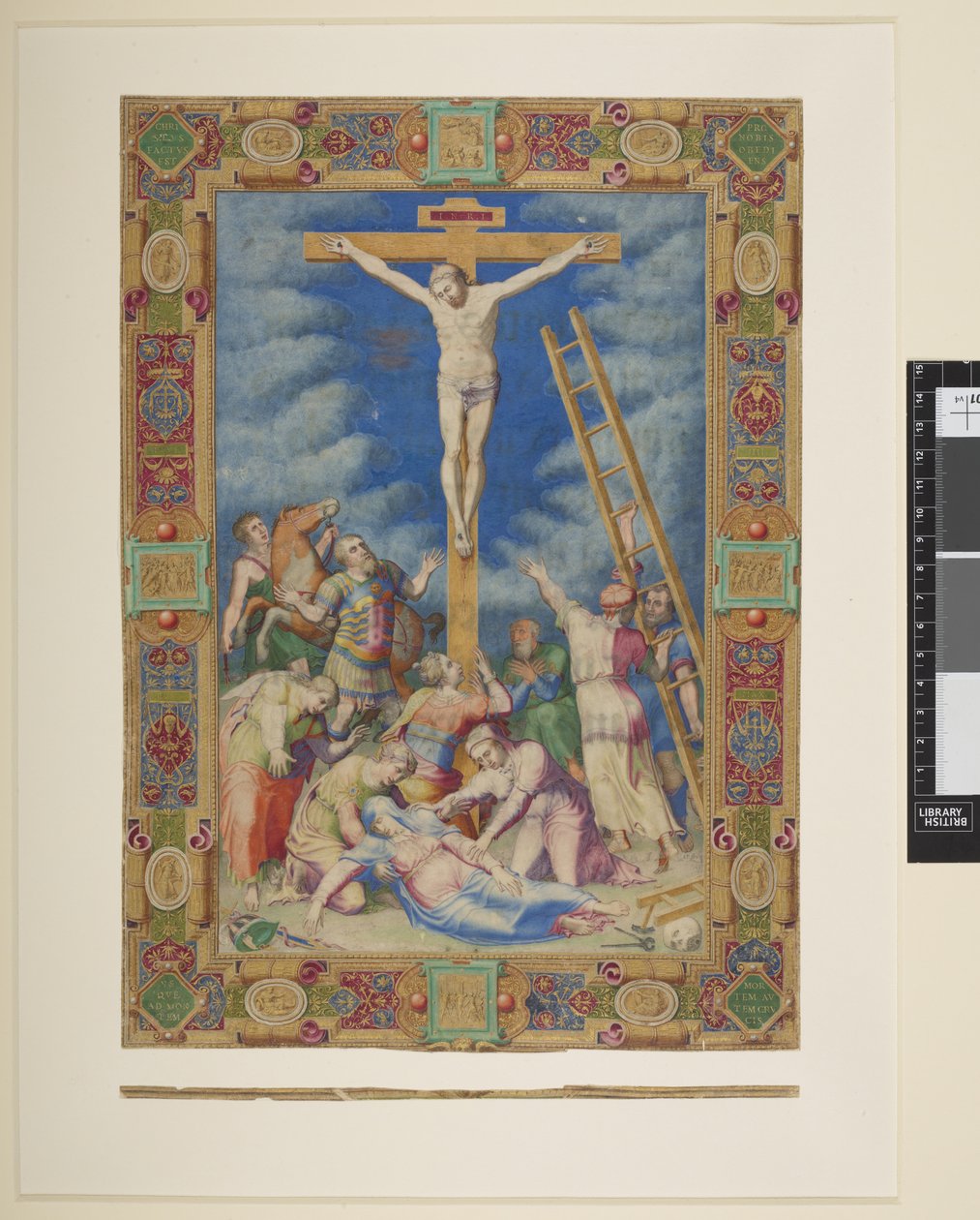 Lisää MS 21412 Pius IV Box 6 f.90 Kristuksen ristiinnaulitseminen, "Kokoelma miniatyyrejä ja reunuksia, jotka on leikattu italialaisista käsikirjoituksista..." (muste, väri ja kulta vellum) tekijältä School Italian