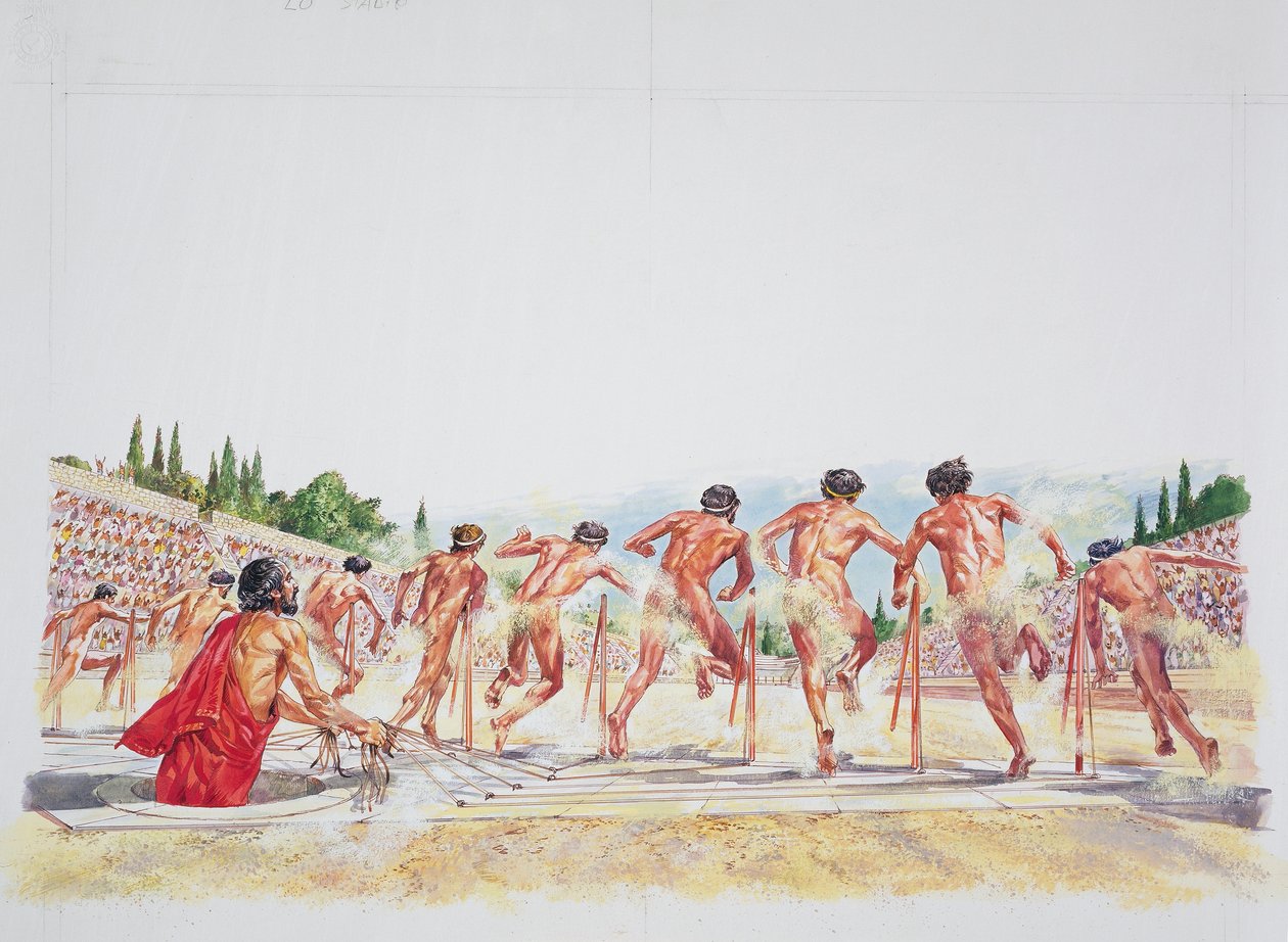 Muinainen Ateena - Stadionin jälleenrakennus (väri litho) tekijältä School Italian