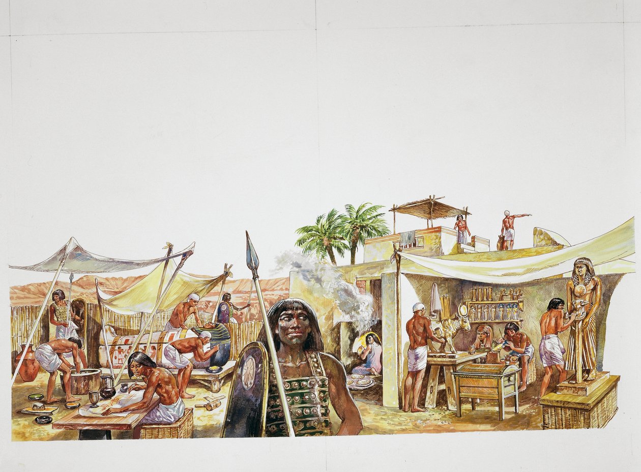 Muinainen Thebes - Deir el-Medinan neljänneksen jälleenrakennus (väri litho) tekijältä School Italian