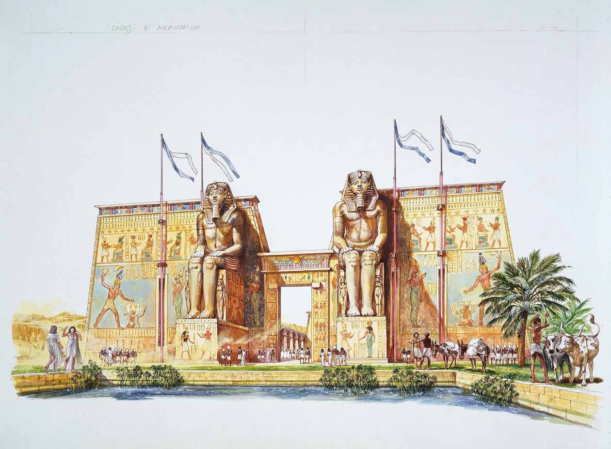 Muinainen Thebes - Amemhotep III:n patsaiden, jotka tunnetaan nimellä Memnonin kolossi, rekonstruktio Ramses II:n aikaan (väri litho) tekijältä School Italian