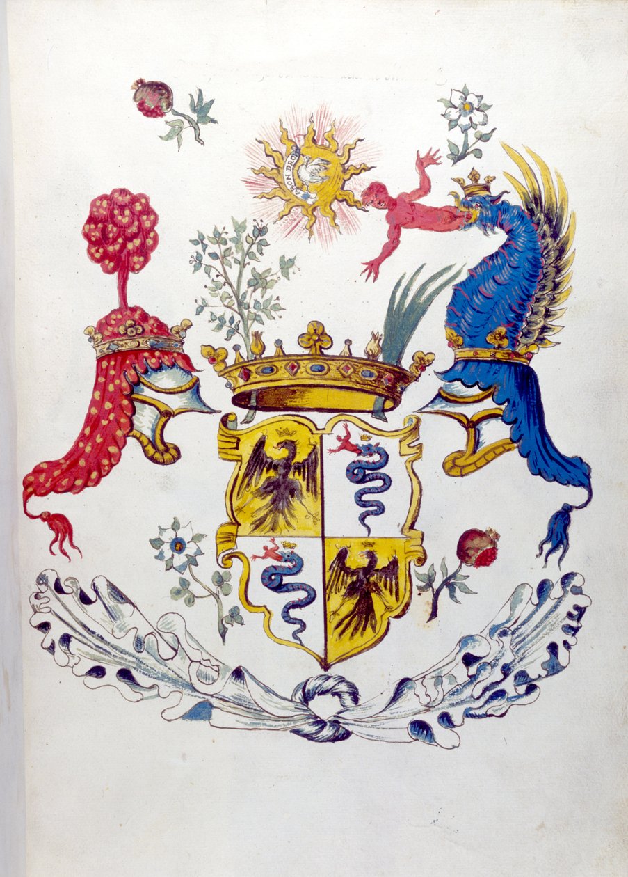 Milanolaisen Visconti-perheen Blazon, jossa on esitys lohikäärmeestä, joka hakkaa lasta. Milanon valtionarkisto tekijältä School Italian