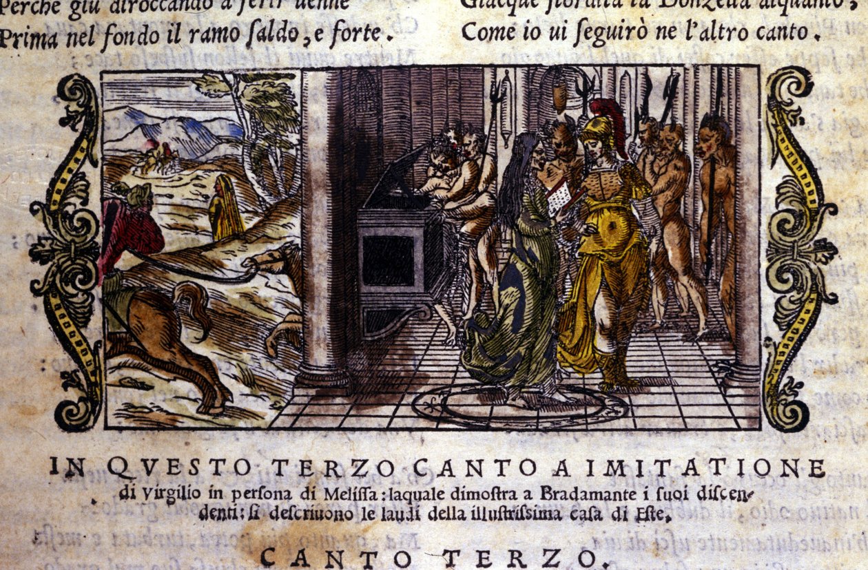 Bradamante tapaa taikuri Melissen, joka kertoo hänelle, että hän ja Roger (Ruggero, Ruggiero) perustivat Este-dynastian. Kohtaus on otettu Ludovico Arioston (1474 - 1533) ritarirunosta "Orlando Furioso" (Raivoissaan Roland) dit L