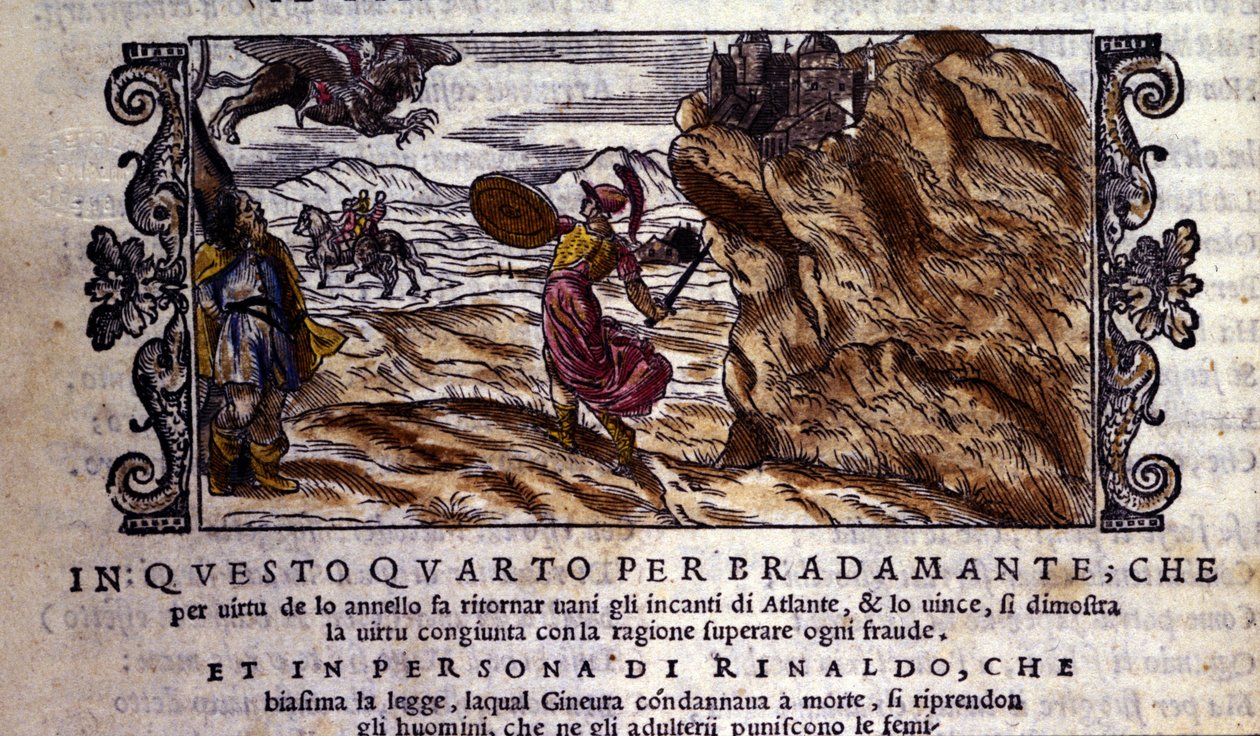 Bradamante repi Brunelilta lumoavan sormuksensa, jonka ansiosta hän tuhoaa Atlantin voiman ja luovuttaa Rogerin (Ruggero, Ruggiero), kohtauksen Ludovico Arioston (1474 - 1533) ritarirunosta "Orlando Furioso" (The Furious Roland) dit L. 