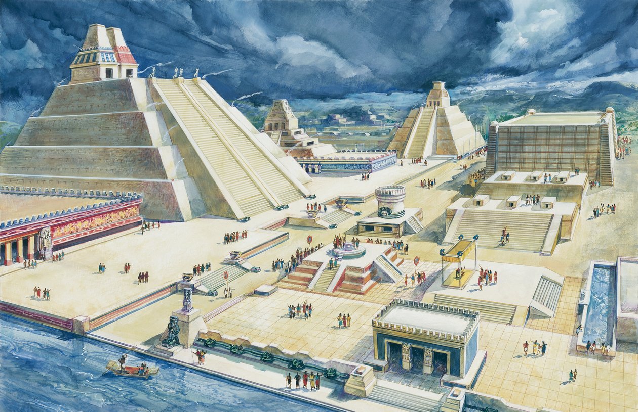 Pilviä pyramidien yllä, Templo Mayor, Tenochtitlan, Mexico City, Meksiko (väri litho) tekijältä School Italian