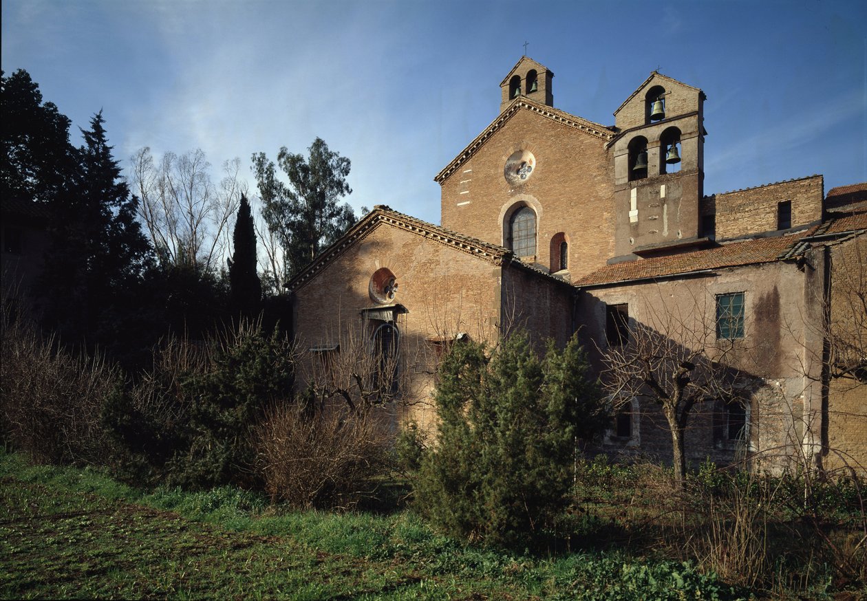 Ulkokuva Pyhän Vincentin ja Pyhän Anastasian kolmen suihkulähteen luostarista (Tre-Fontane) (Chiesa dei Santi Vincenzo e Anastasio alle Tre Fontane) (St Vincenzo e Anastasion kirkon ulkokuva, abbazia delle Tre Fontane) 625 -1 tekijältä School Italian