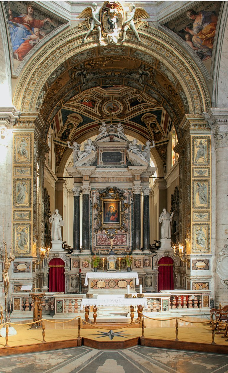 Sisäkuva Santa Maria del Popolon basilikasta (Santa Maria del Popolon kirkon sisäkuva) 1400-1600-luvulla Rooma Italia tekijältä School Italian
