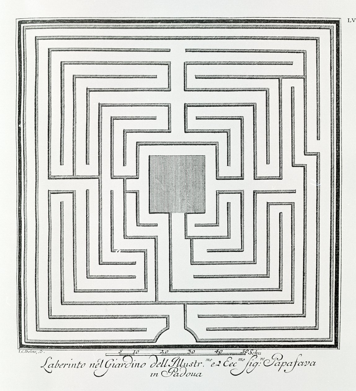 Villa Papafavan puutarhan labyrintti, Padova, A. Volkamerin teoksesta "Villat, puutarhat ja maisemat Venetsiassa" (kaiverrus) tekijältä School Italian