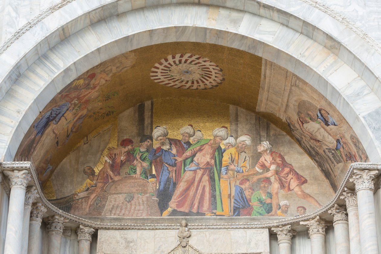 Basilica di San Marcon sisäänkäynnin mosaiikki, Pyhän Markuksen aukio, Venetsia, Italia (mosaiikki) tekijältä School Italian