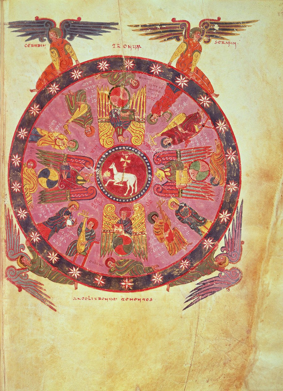 Ms M. 644 f.87 Ilm. 4:4 Karitsan palvonta kahdenkymmenenneljän vanhimman toimesta, kopio Beatus Liebanan ja Valcavadon "Apokalypsi-kommentaarista", 776 (pergamentti). tekijältä School Italian