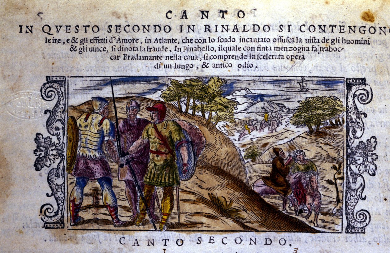 Oikealla Angelique (Angelica) tapaa erakon, joka lopettaa Renaudin (Rinaldo) ja Sacripantin (Sacripante) taistelun Bayardin hevosesta - Kohtaus Ludovico Arioston (Le Roland Furieux) ritarirunosta "Orlando Furioso" (Le Roland Furieux). 1474-1533) tekijältä School Italian
