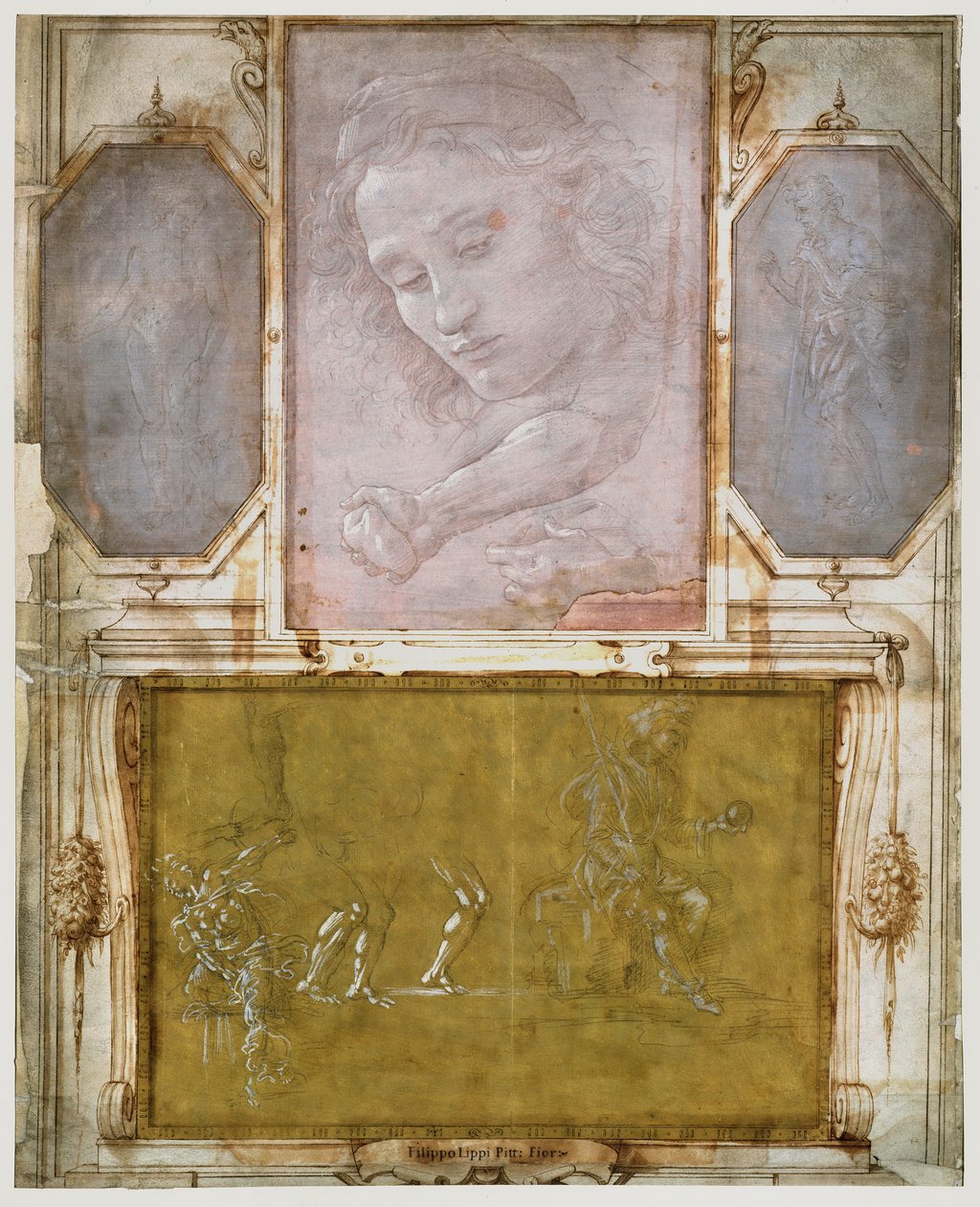 Sivu Giorgio Vasarin (1511-74) "Libro dei Disegnistä" asennettuna ja kehystettynä vuoden 1524 jälkeen (metallipiste paperilla) (katso yksityiskohdat kohdasta 474784) tekijältä School Italian