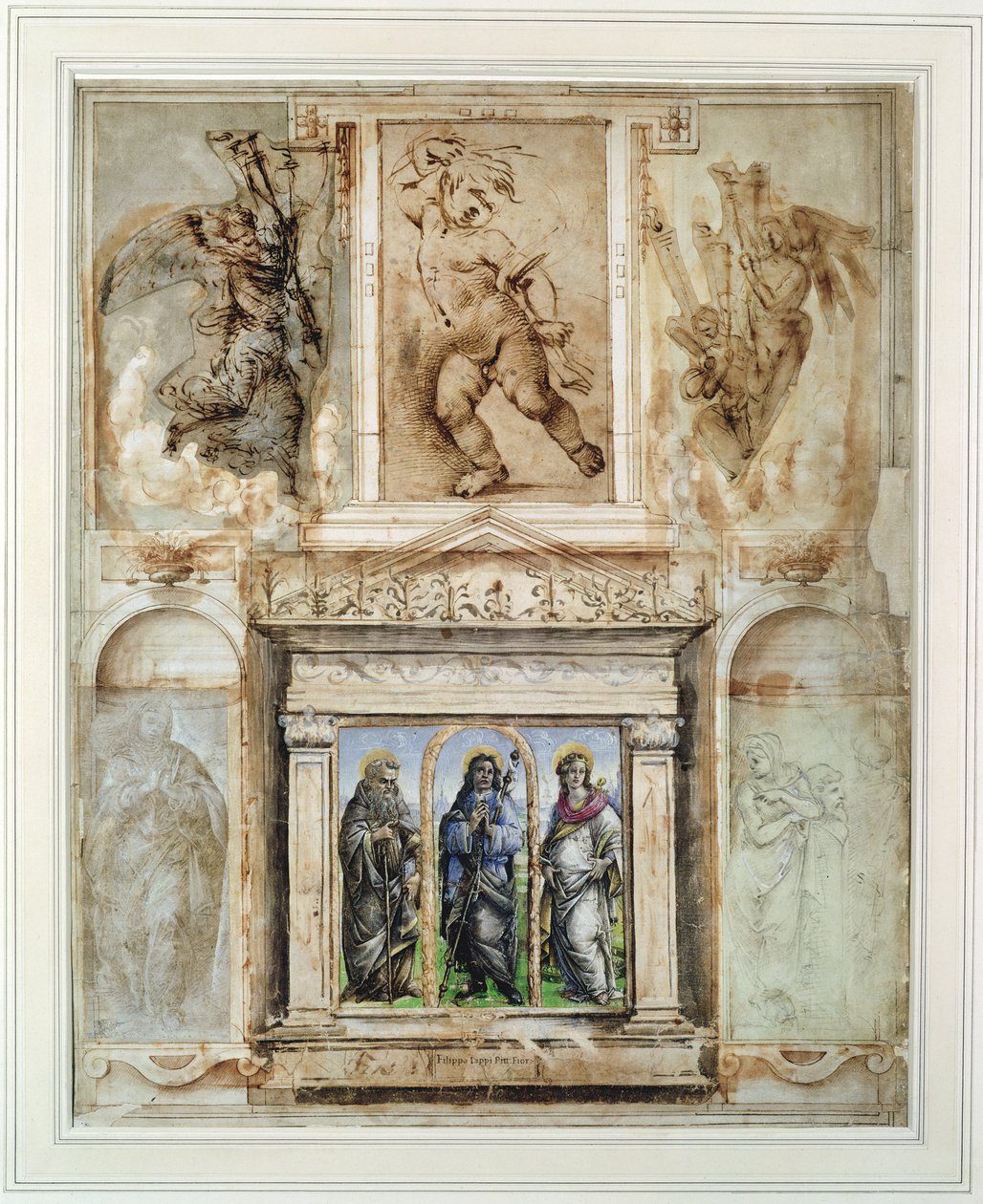 Sivu Giorgio Vasarin (1511-74) "Libro dei Disegnistä" asennettuna ja kehystettynä vuoden 1524 jälkeen (metallipiste paperilla) tekijältä School Italian