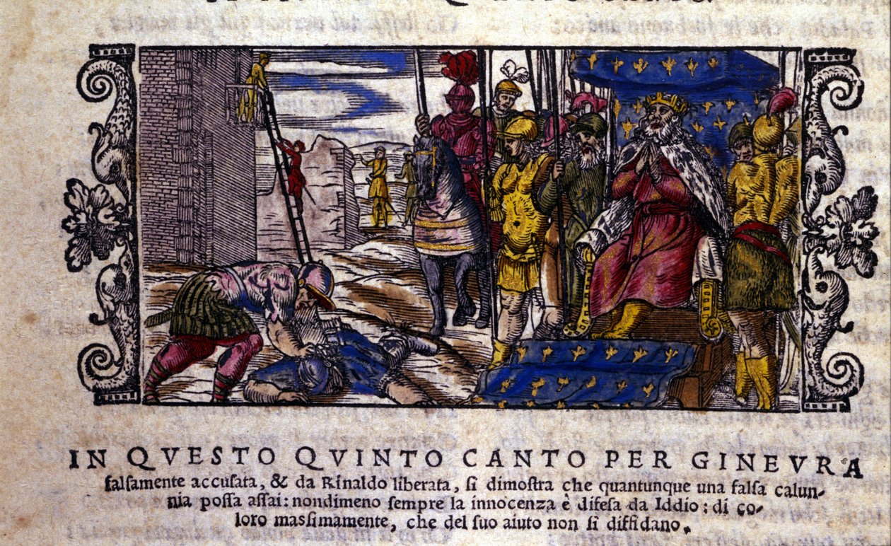 Prinsessa Ginevra on syytön ja taistelu panettelun ja Ginevraa puolustamaan tulleen tuntemattoman ritarin välillä keskeytyy. kohtaus Ludovico Arioston (1474 - 1533) ritariruno "Orlando Furioso" (The Furious Roland) nimeltä L