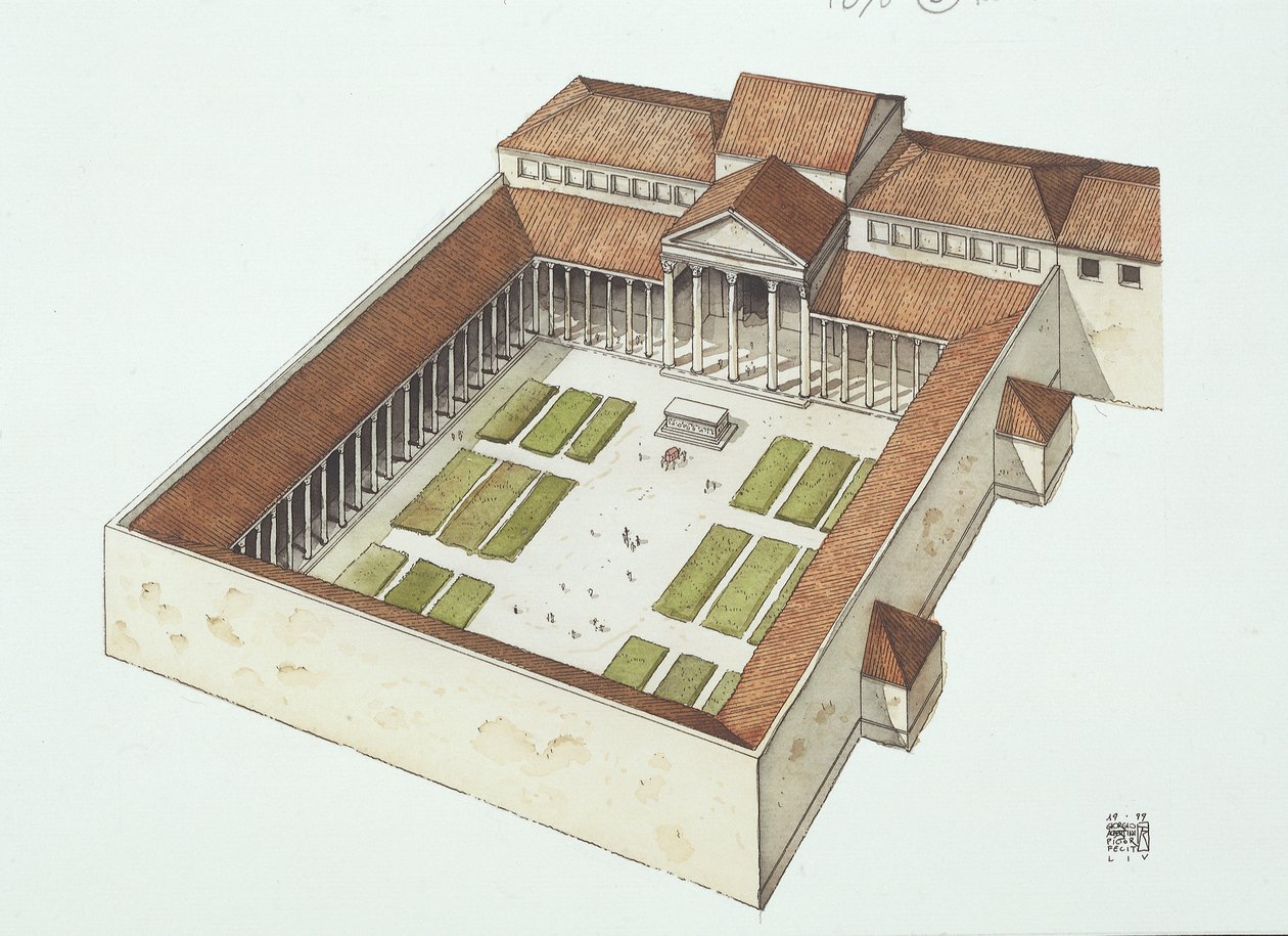 Titus Flavius Vespasianuksen rakentama kunnostettu foorumi (väri litho) tekijältä School Italian