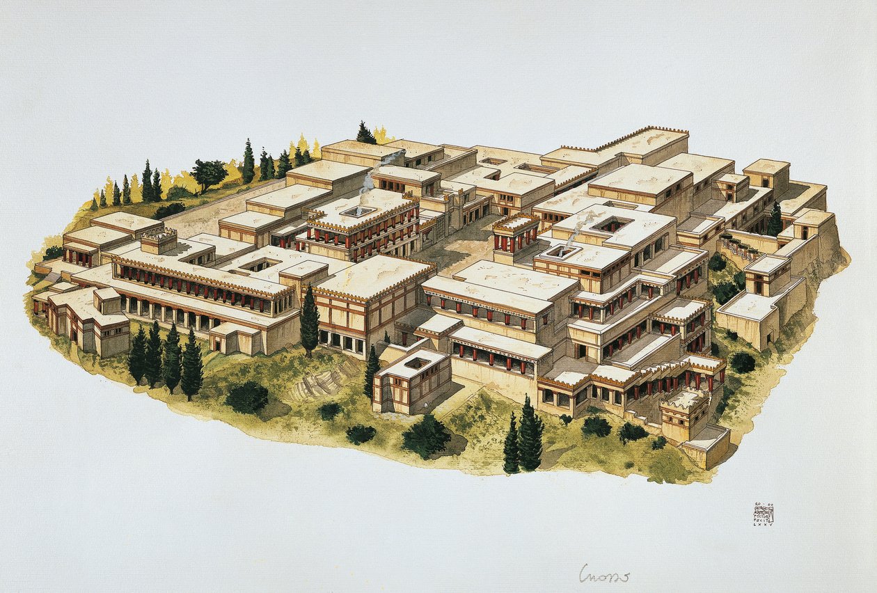 Knossoksen palatsin jälleenrakennus, Kreeta, 1900-luku eKr. (värilitho) tekijältä School Italian
