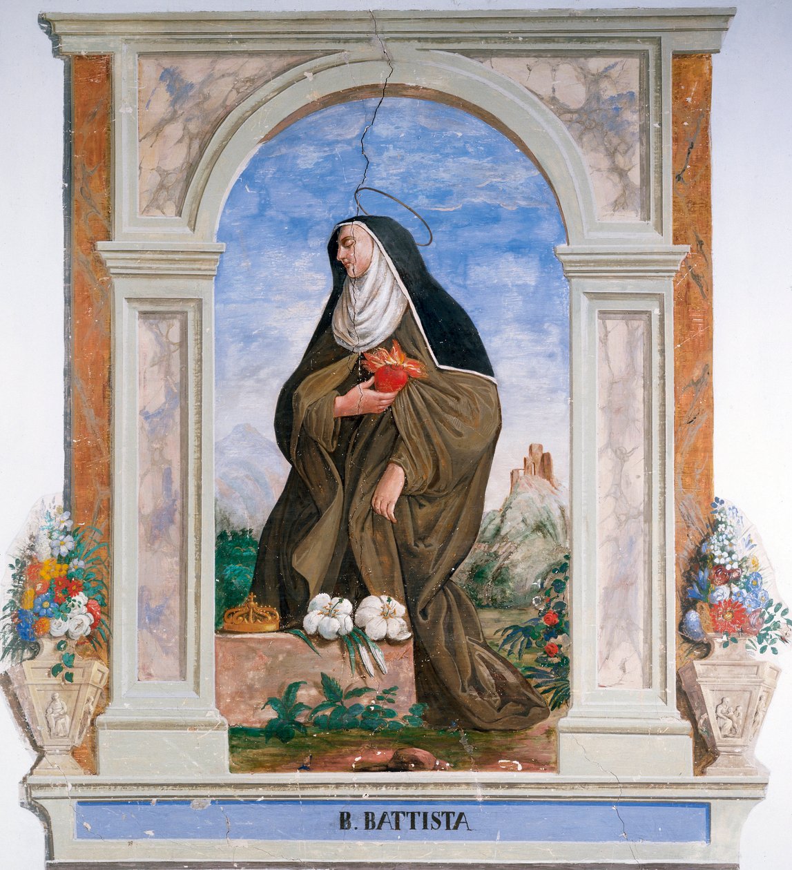 Camilla Battista da Varanon (1458-1524) esitys Anonyymi fresko. Camerino, Santa Chiaran luostari, Italia tekijältä School Italian