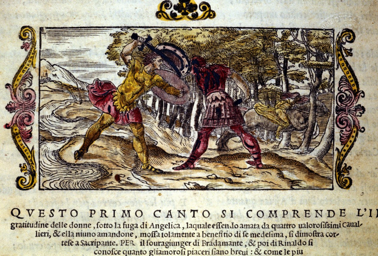 Kuvaus taistelusta Ferragusin, tattari ja Renaudin (Rinaldo) välillä, molemmat rakastuivat kauniiseen Angelicaan (Angelica), kohtaus Ludovico Arioston (1474-1533) ritarirunosta "Orlando Furioso" (Raivoissaan Roland) nimeltä L