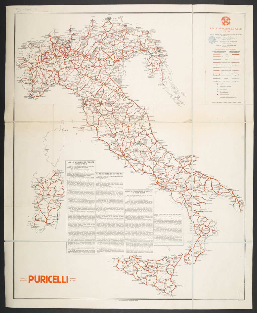 Italian tiekartta, "Kaavamainen kartta tietietojen tiedoista talvella 1932-33" tekijältä School Italian