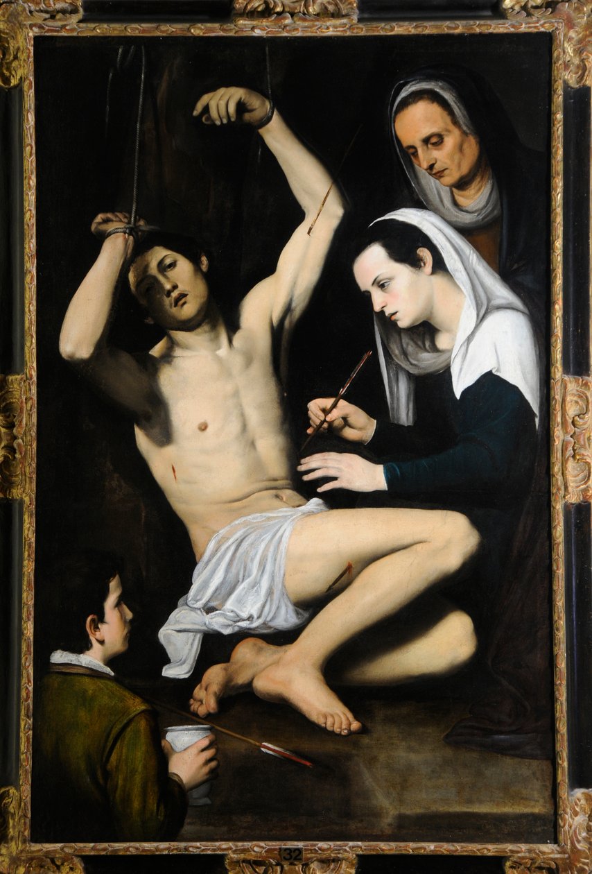Pyhä Sebastián, pyhien naisten hoitama, n. 1590-1650 (öljy kankaalle) tekijältä School Italian