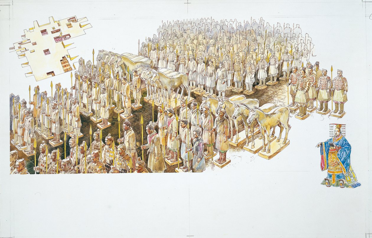 Terrakottaarmeija keisari Qin Shi Huangin haudassa (väri litho) tekijältä School Italian