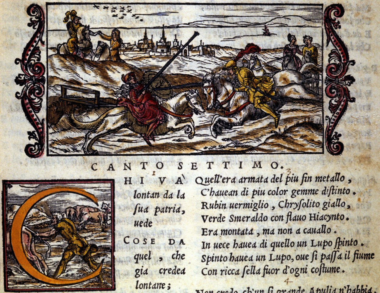 Suden selässä oleva jättiläinen Eryphila taistelee Rogeria (Ruggero, Ruggiero) vastaan - Ludovico Arioston (1474 - 1533) ritariruno "Orlando Furioso" (The Furious Roland) L