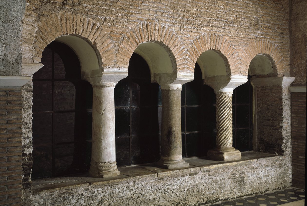 Näkymä Pyhän Vincentin ja Pyhän Anastasion kirkon luostarista, kolmen suihkulähteen luostarista (Tre-Fontane) (Chiesa dei Santi Vincenzo e Anastasio alle Tre Fontane) (Näkymä st Vincenzo e Anastasion kirkon luostarista, abbazia delle T tekijältä School Italian