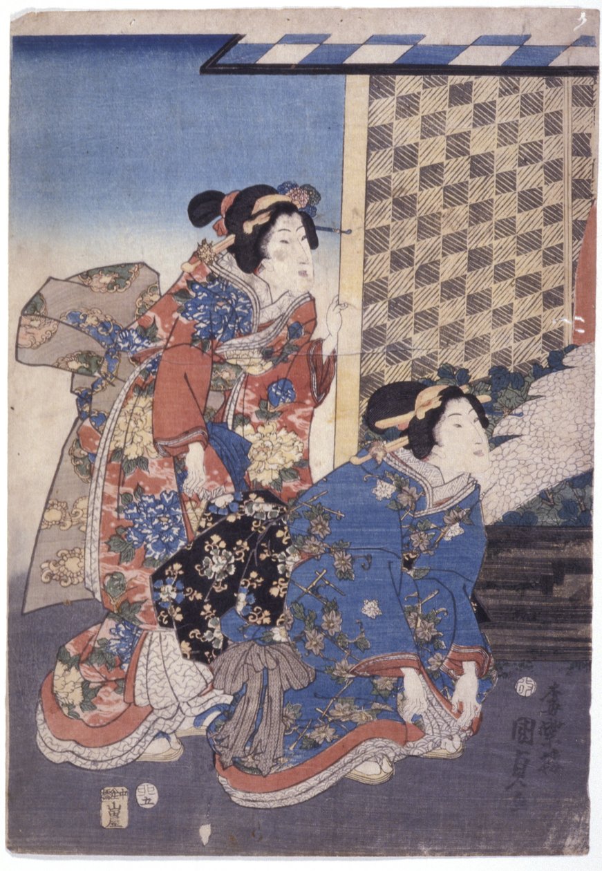 2 naista (yksi polvistuva) (värillinen puupiirros) tekijältä School Japanese