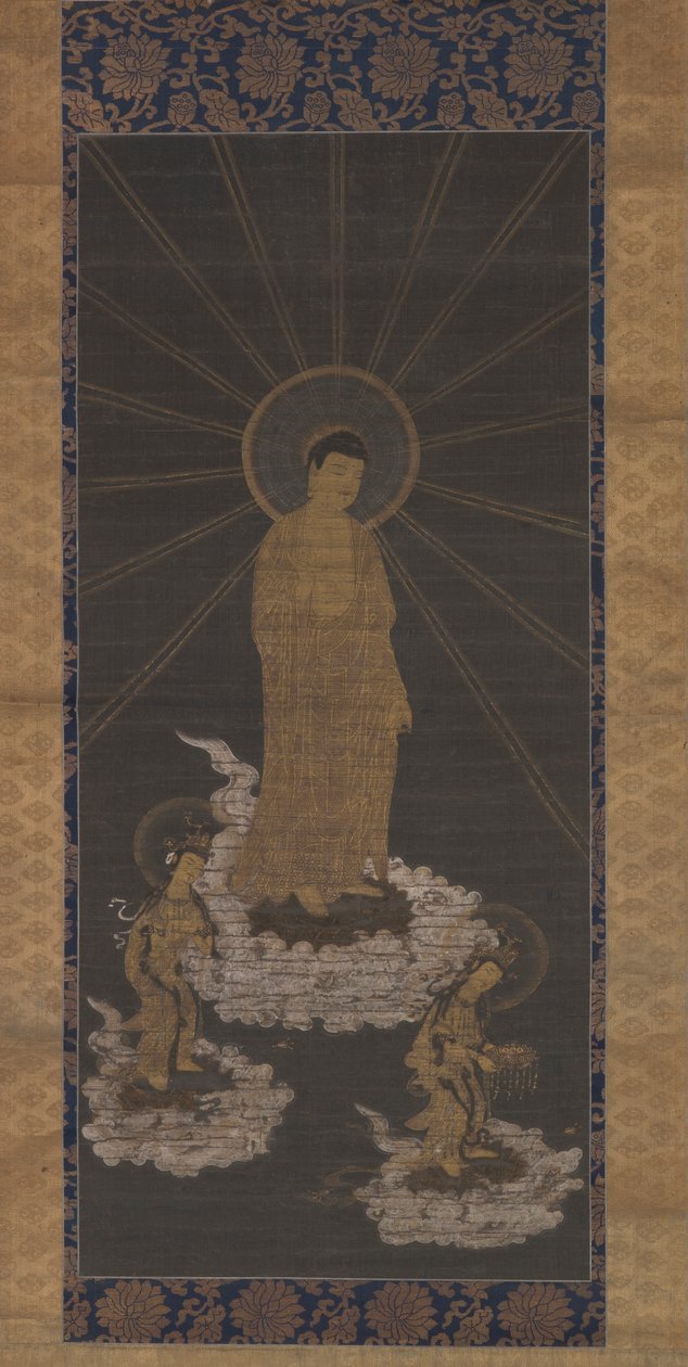 Descent of Amida tai Raigo, Muromachi Period n. 1333-1568 (muste kankaalle) tekijältä School Japanese