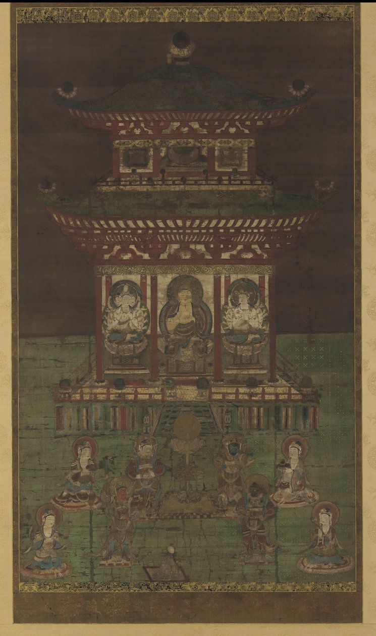 Horokaku Mandara: Buddha ja siihen liittyvät jumalat, Heian-kausi (väri ja kulta silkkipaneelissa) tekijältä Japanese School