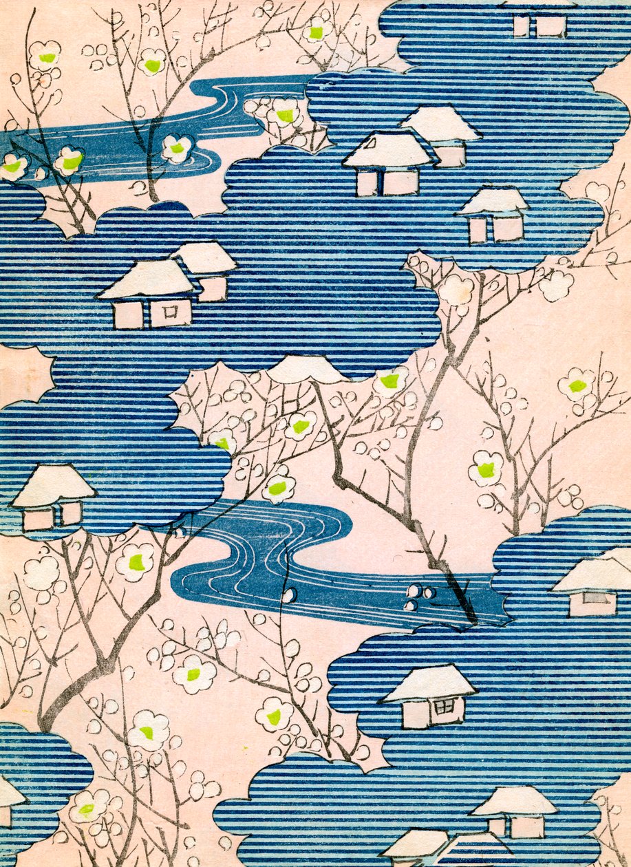 Kimonomalli: Mökkejä, joissa on jokia ja kirsikankukkia, n. 1900 (värillinen puupainatus) tekijältä School Japanese