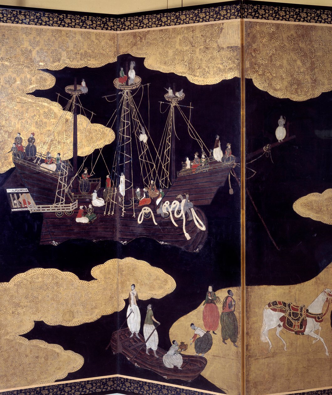 "Portugalilainen" näyttö: esitys portugalilaisten jesuiittalähetyssaarnaajien saapumisesta Japaniin 1500-luvulla. Yksityiskohta. Kanon koulun toteuttama (?). 1593-1600. Lissabonin muinaisen taiteen museo tekijältä Japanese School