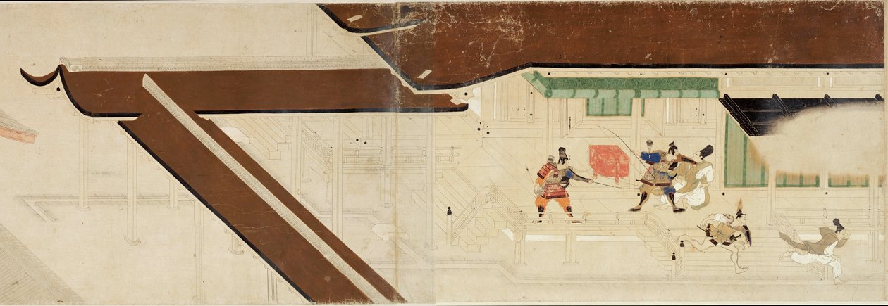 Kuvitettu tarina Heijin (1159-1160) kapinasta (Visite imperiale a Rokuhara) (Kuvitettu tarina sisällissodasta, Imperiumin vierailu Rokuharassa) - Nimetön työ, akvarelli ja muste paperille, ensimmäinen rulla tekijältä School Japanese