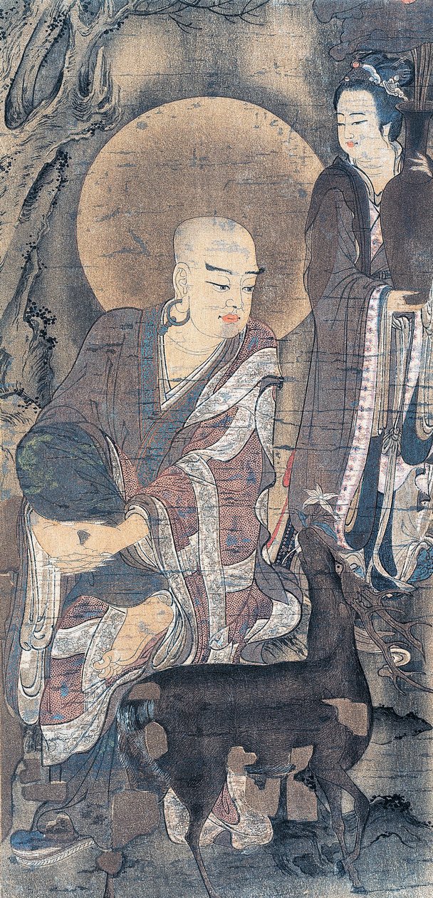 Uskonnollinen maalaus nuorta munkkia hirven kanssa, maalaus silkille, japanilainen sivilisaatio, Heian-kausi, 794-1185 tekijältä School Japanese