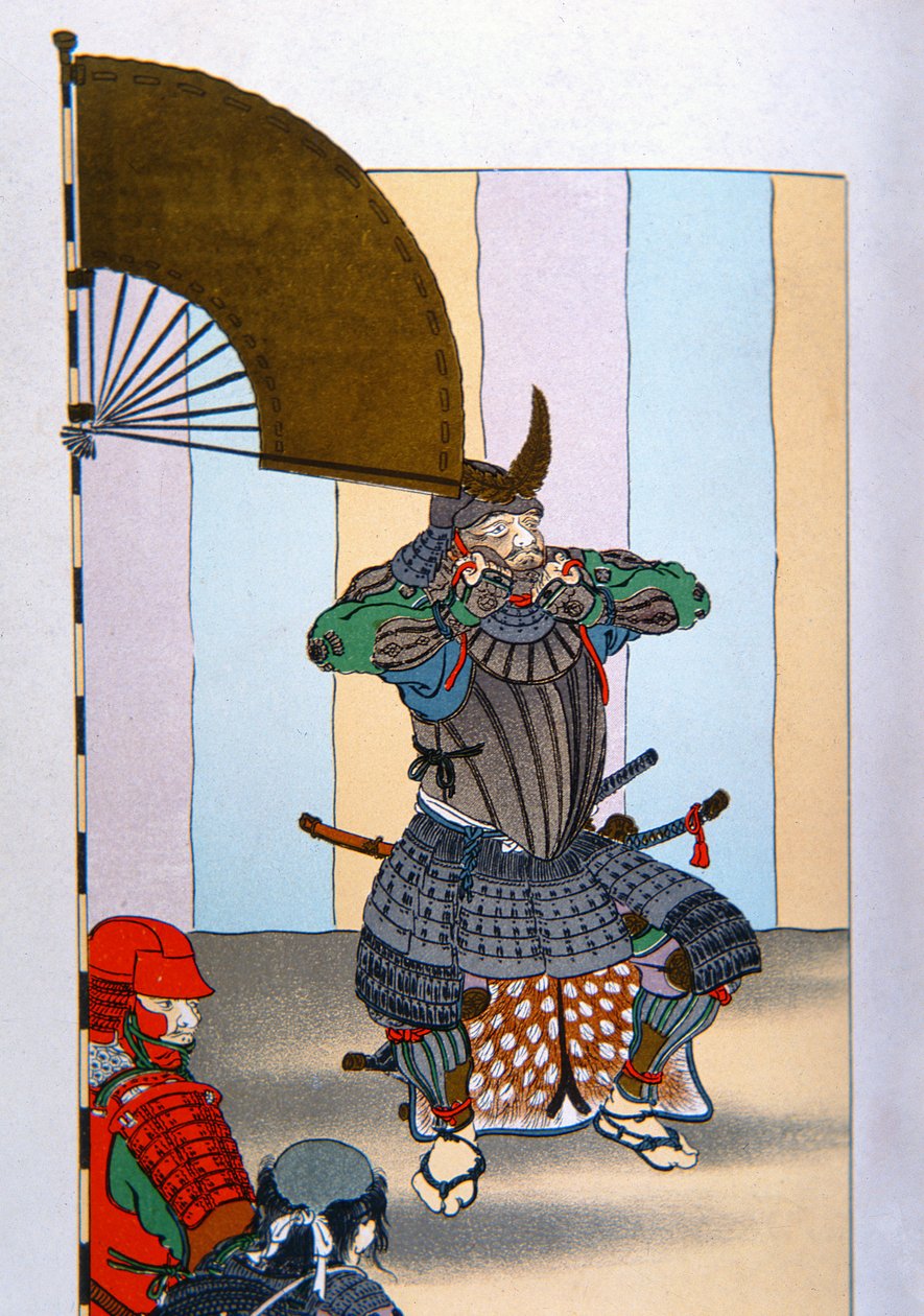 Vanhan Japanin samurai: Tokugawa Ieyasu Sekigaharan taistelun jälkeen vuonna 1600 (väri litho) tekijältä School Japanese