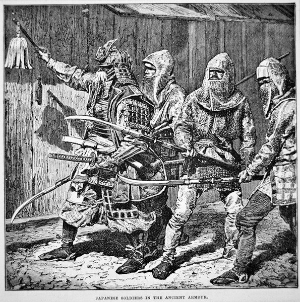 Vanhan Japanin samurait johtavat tavallisia sotilaita ketjupostissa tankoaseilla (litho) tekijältä School Japanese