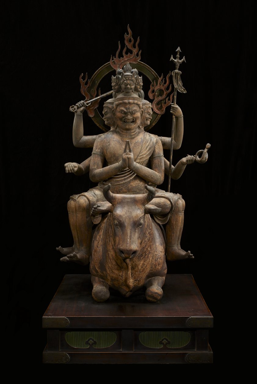 Wisdom King of Awe-inspiring Power (Daiitoku Myōō) (monivärinen puu kristalli, kultalehti ja metalli) tekijältä Japanese School