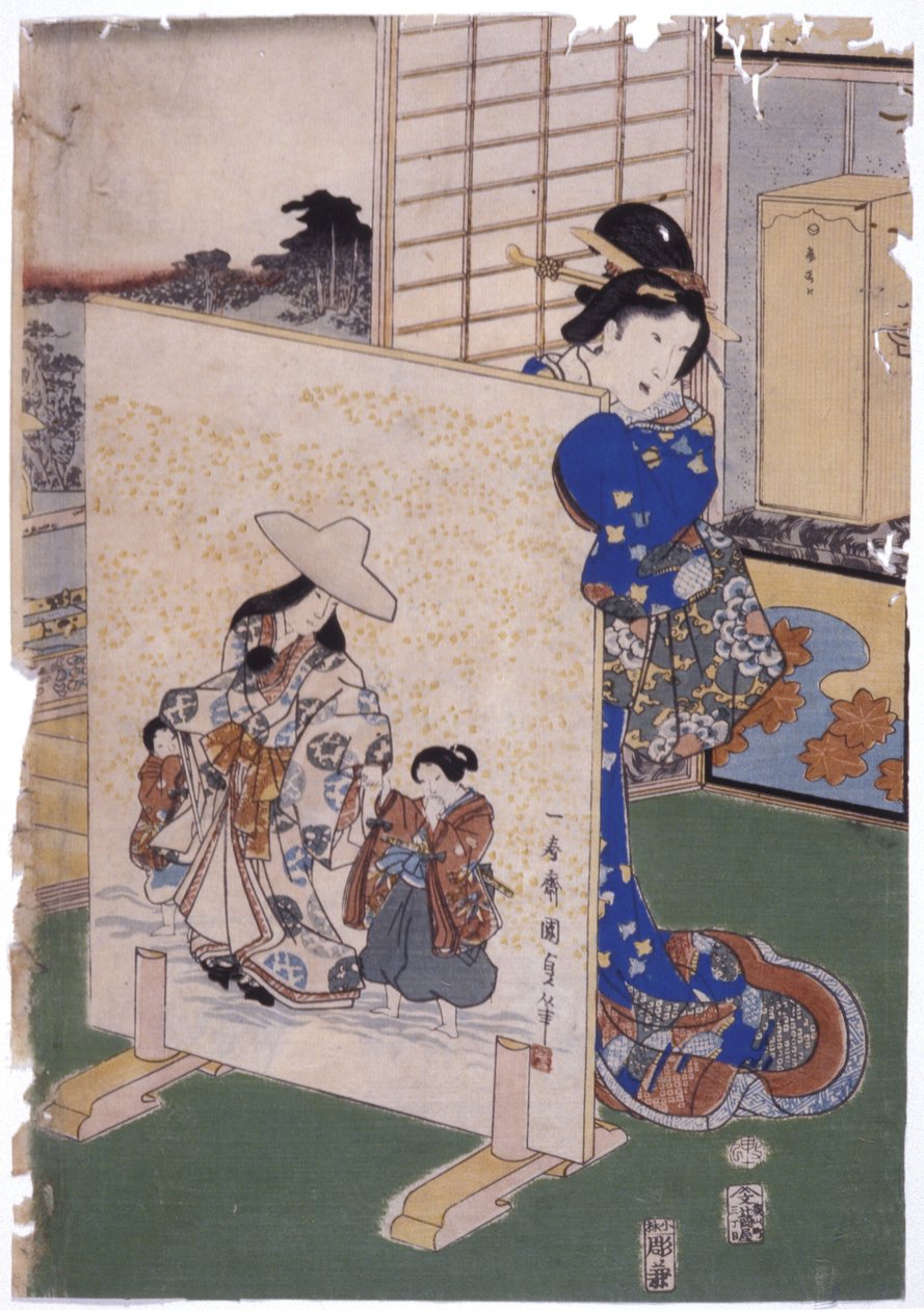 Nainen seisoo pukupuvun takana, maalaus S. "Kunisada" (värillinen puupiirros) tekijältä School Japanese