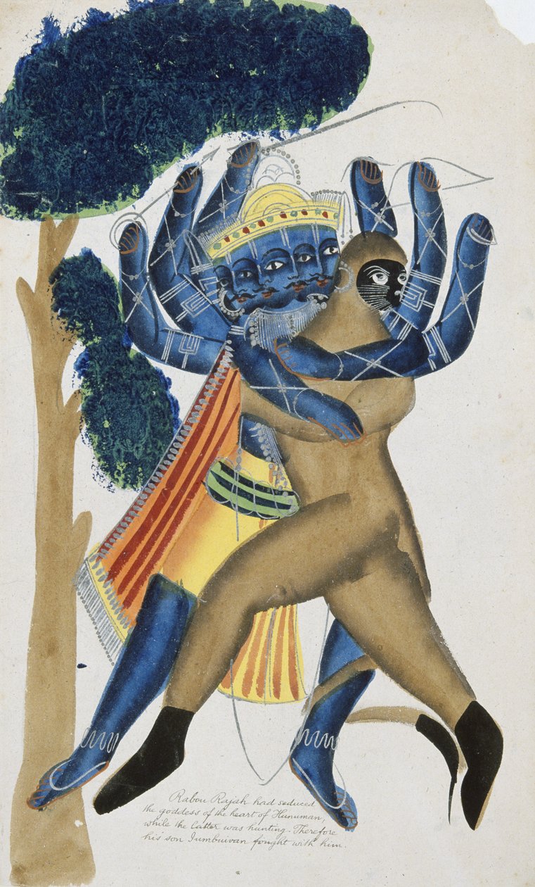 Ravana, Ceylonin demonikuningas, taistelee Hanumanin poikaa vastaan (vesiväri paperille). tekijältä School Kalighat