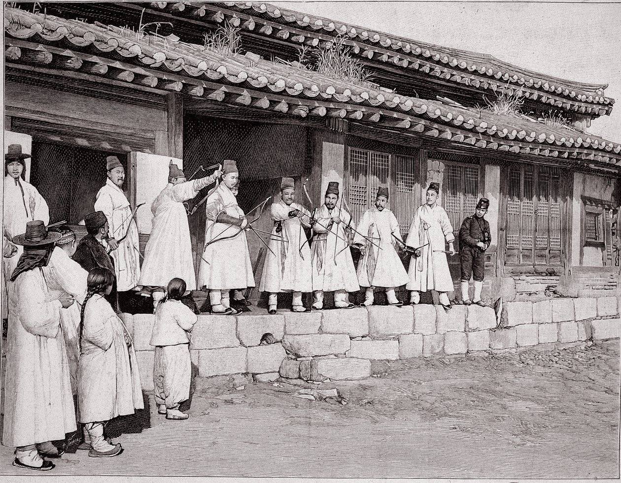 Jousimiehet Soulin vanhassa palatsissa Koreassa, 1800-luvun loppu tekijältä School Korean